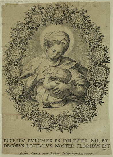 Raphael Sadeler I, Netherlandish, 1560-1632, after Annibale Carracci, Italian, 1560-1609, Virgin Suckling the Child, between 1560 and 1632, engraving printed in black ink on laid paper, Sheet (trimmed within plate mark): 5 3/8 × 3 3/4 inches (13.7 × 9.5 cm)