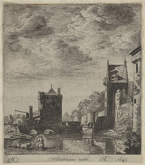 Herman Saftleven the Younger, Dutch, 1609-1685, The Wittevrouwen Gate at Utrecht, 1646, etching and engraving printed in black ink, Sheet (trimmed within plate mark): 10 5/8 × 9 1/4 inches (27 × 23.5 cm)