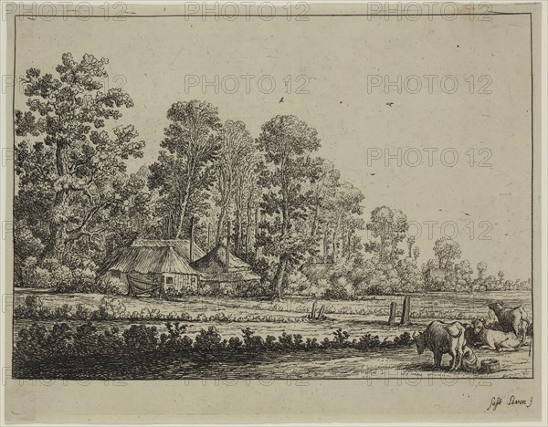 Herman Saftleven the Younger, Dutch, 1609-1685, Landscape with Woman Milking a Cow, 17th century, etching printed in black ink on laid paper, Plate: 5 3/4 × 7 1/2 inches (14.6 × 19.1 cm)