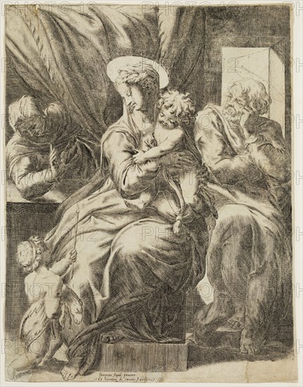 Orazio de Santis, Italian, active 1568-1584, The Holy Family with Saint Elizabeth and Saint John the Baptist, 1568, engraving printed in black ink on laid paper, Sheet (trimmed within plate mark): 9 3/4 × 7 1/2 inches (24.8 × 19.1 cm)