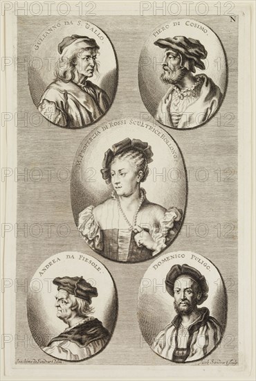 Jacob von Sandrart, German, 1630-1708, after Joachim von Sandrart I, German, 1606-1688, Portraits of Gulianno da San Gallo, Piero di Cosimo, Properzia de'Rossi, Andre de Fiesole, Domenico Puligo, ca. 1683, engraving printed in black ink on laid paper, Plate: 12 5/8 × 8 1/8 inches (32.1 × 20.6 cm)