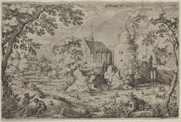 Jacob, I Savery, Netherlandish, 1565-1603, Deer Hunt in a Swamp before a Chapel and Tower, c. 1602, Etching and engraving printed in black on laid paper, sheet (trimmed within plate mark):