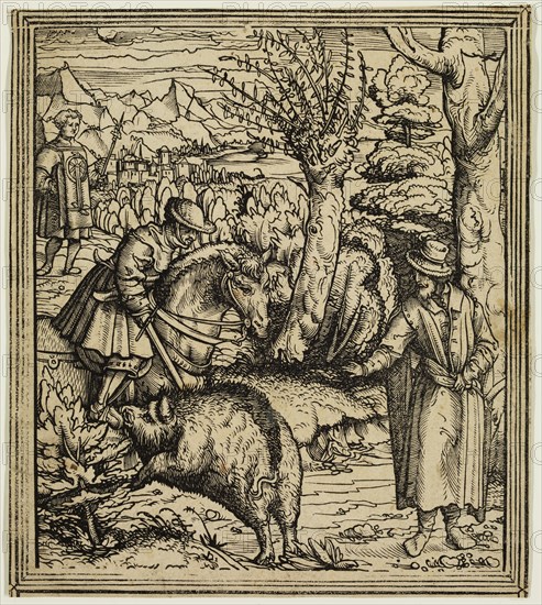 after Hans Leonard Schäufelein, German, 1480-1540, Horseman Attacked by a Wild Boar, ca. 1517, woodcut printed black ink on laid paper, Image and sheet: 6 3/4 × 6 inches (17.1 × 15.2 cm)