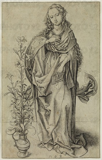 Martin Schongauer, German, 1450-1491, The Virgin of the Annuciation, between 1490 and 1491, engraving printed in black ink on laid paper, Sheet (trimmed within plate mark): 6 3/4 × 4 1/4 inches (17.1 × 10.8 cm)