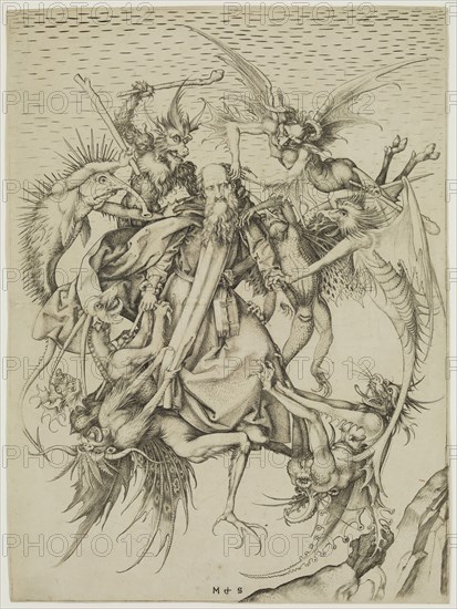 Martin Schongauer, German, 1450-1491, Temptation of Saint Anthony, between 1470 and 1475, engraving printed in black ink on laid paper, Sheet (trimmed within plate mark): 12 1/4 × 9 1/8 inches (31.1 × 23.2 cm)