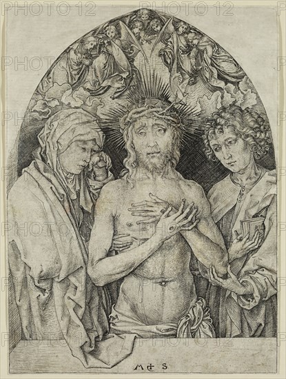 Martin Schongauer, German, 1450-1491, The Man of Sorrows with the Virgin and Saint John, 15th century, engraving printed in black ink on laid paper, Image and sheet: 7 1/4 × 5 1/4 inches (18.4 × 13.3 cm)