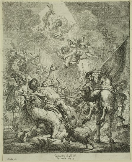 Cornelis Schut, Flemish, 1597-1655, The Conversion of Saint Paul, 17th century, etching printed in black ink on laid paper, Sheet (trimmed within plate mark): 10 3/4 × 8 1/2 inches (27.3 × 21.6 cm)
