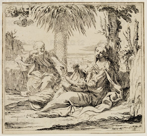 Elizabetta Sirani, Italian, 1638-1665, Rest on the Flight into Egypt, mid-17th century, etching and engraving printed in black ink on laid paper, Sheet (trimmed within plate mark): 6 5/8 × 7 1/8 inches (16.8 × 18.1 cm)