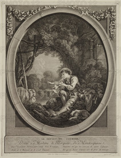 Jacques Firmin Beauvarlet, French, 1731-1797, after François Boucher, French, 1703-1770, Le depart du courier, ca. 1766, engraving and etching printed in black ink on laid paper, Plate: 17 1/8 × 13 inches (43.5 × 33 cm)