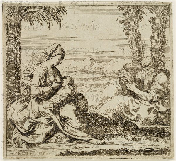 Elizabetta Sirani, Italian, 1638-1665, Rest on the Flight into Egypt, mid-17th century, etching printed in black ink on laid paper, Plate: 6 5/8 × 7 1/8 inches (16.8 × 18.1 cm)