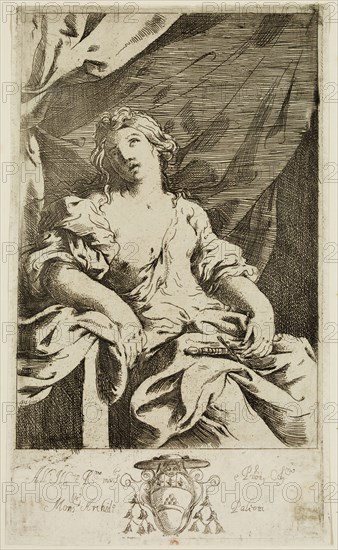 Giovanni Andrea Sirani, Italian, 1610-1670, Lucretia, 17th century, etching printed in black ink on wove paper, Plate: 9 3/8 × 5 1/2 inches (23.8 × 14 cm)