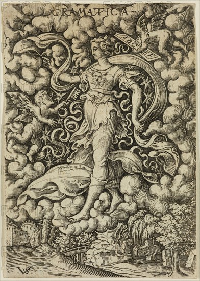 Virgil Solis, German, 1514-1562, Grammar, mid-16th century, engraving printed in black ink on laid paper, Sheet (trimmed within plate mark): 3 1/4 × 2 1/4 inches (8.3 × 5.7 cm)