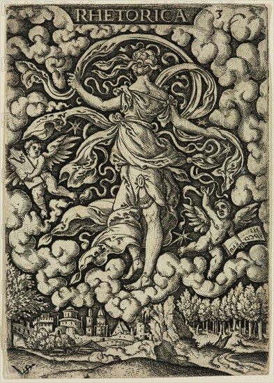 Virgil Solis, German, 1514-1562, Rhetoric, mid-16th century, engraving printed in black ink on laid paper, Sheet (trimmed within plate mark): 3 1/4 × 2 1/4 inches (8.3 × 5.7 cm)