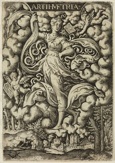 Virgil Solis, German, 1514-1562, Arithmetic, mid-16th century, engraving printed in black ink on laid paper, Sheet (trimmed within plate mark): 3 1/4 × 2 1/4 inches (8.3 × 5.7 cm)