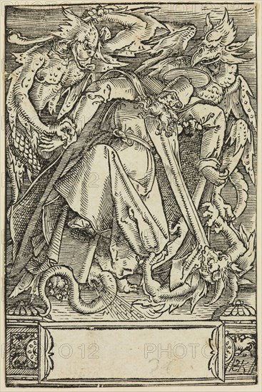 Hans Springinklee, German, ca. 1495 - after 1522, Saint Anthony Tormented by Demons, 16th century, woodcut printed in black ink on laid paper, Sheet (trimmed to image edge): 4 5/8 × 3 1/8 inches (11.7 × 7.9 cm)