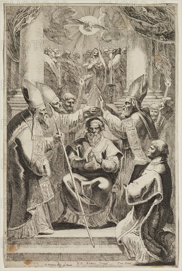 Pieter Claesz Soutman, Dutch, 1580-1657, after Peter Paul Rubens, Flemish, 1577-1640, The Consacration of a Bishop, between 1580 and 1657, etching printed in black ink on laid paper, Sheet (trimmed within plate mark): 13 × 8 5/8 inches (33 × 21.9 cm)