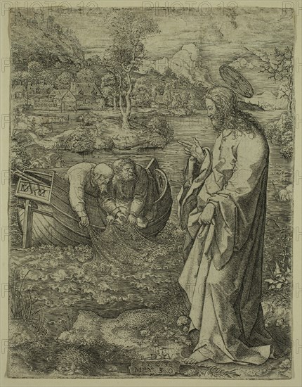 Dirk Vellert, Flemish, Christ Calling Saint Peter and Saint Andrew, 1523, Etching and engraving printed in black on laid paper, sheet (trimmed within plate mark):