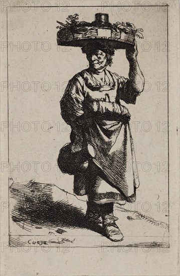 Cornelis Bega, Dutch, 1620-1664, Woman Carrying a Basket, between 1620 and 1664, etching printed in black ink on laid paper, Plate: 4 3/4 × 3 inches (12.1 × 7.6 cm)