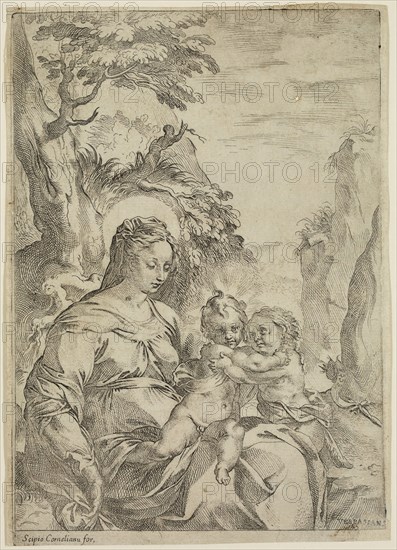 Vespasiano Strada, Italian, 1582-1622, Virgin, Infant Jesus and Saint John, between 16th and 17th century, etching and engraving printed in black ink on laid paper, Sheet: 8 5/8 × 6 1/8 inches (21.9 × 15.6 cm)
