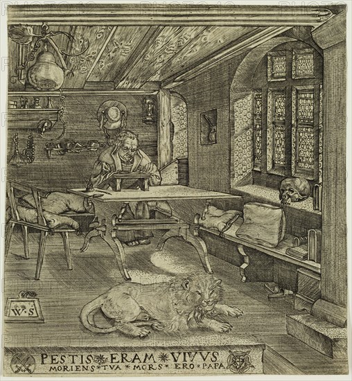 Wolfgang Stuber, German, Martin Luther in His Study, late 16th century, engraving printed in black ink on laid paper, Sheet (trimmed within plate mark): 5 3/8 × 5 inches (13.7 × 12.7 cm)