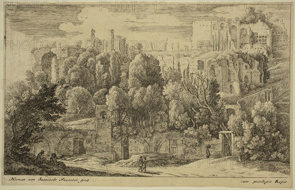 Herman van Swanevelt, Dutch, 1600-1655, Ruins of an Amphitheatre, between 1600 and 1655, etching and engraving printed in black ink on laid paper, Sheet (trimmed within plate mark): 7 × 11 1/8 inches (17.8 × 28.3 cm)