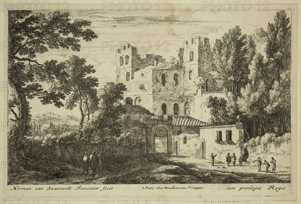 Herman van Swanevelt, Dutch, 1600-1655, The City Gate, between 1600 and 1655, etching printed in black ink on laid paper, Plate: 7 1/4 × 11 1/8 inches (18.4 × 28.3 cm)