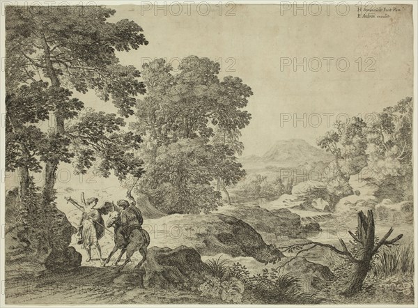 Herman van Swanevelt, Dutch, 1600-1655, Balaam and the Ass, between 1600 and 1655, etching printed in black ink on laid paper, Sheet (trimmed within plate mark): 9 × 12 1/4 inches (22.9 × 31.1 cm)