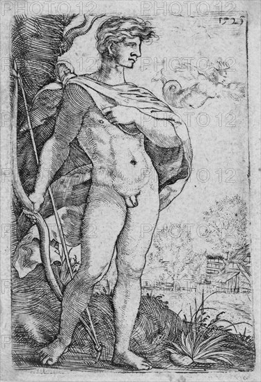 Barthel Beham, German, 1502-1540, Hercules with the Harpies, 1525, engraving printed in black ink on laid paper, Plate: 2 1/2 × 1 3/4 inches (6.4 × 4.4 cm)
