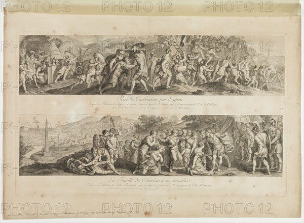 Nicolas Henri Tardieu, French, 1674-1749, after Giulio Romano, Italian, 1499-1546, The Taking of Carthage by Scipion (and) The Family of Coriolan on Its Knees, between 1674 and 1749, engraving printed in black ink on laid paper, Plate: 17 3/8 × 27 7/8 inches (44.1 × 70.8 cm)
