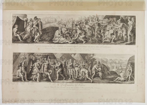 Nicolas Henri Tardieu, French, 1674-1749, after Giulio Romano, Italian, 1499-1546, Scipion Rewarding His Soldiers and Reviewing the Prisoners of War Taken at Carthage, between 1674 and 1749, engraving printed in black ink on laid paper, Plate: 17 × 27 5/8 inches (43.2 × 70.2 cm)