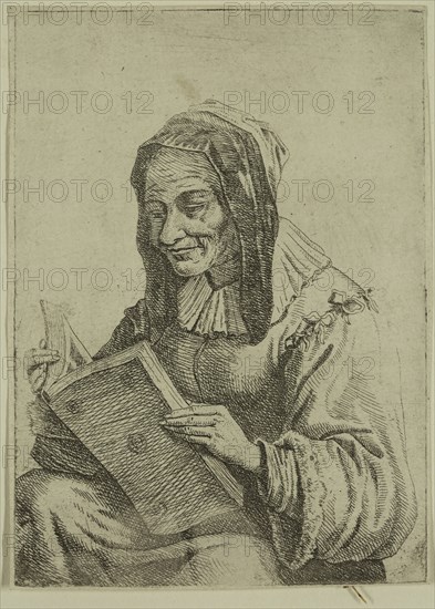 David Teniers the Younger, Flemish, 1610 - 1690, The Reader, 17th century, etching printed in black ink on laid (?) paper, Sheet (trimmed within plate mark): 4 × 2 7/8 inches (10.2 × 7.3 cm)