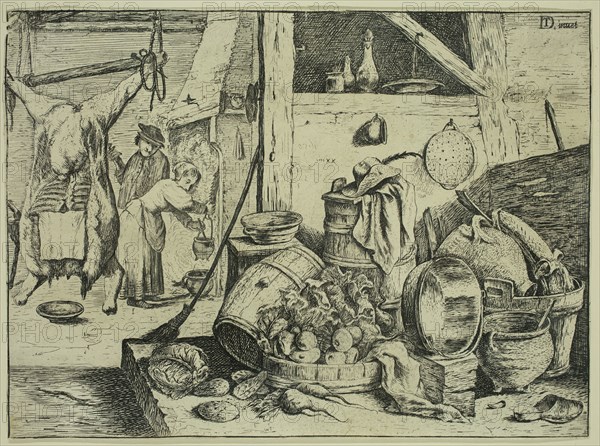 David Teniers the Younger, Flemish, 1610 - 1690, Kitchen Interior, 1650, etching printed in black ink on laid paper, Sheet (trimmed within plate mark): 5 7/8 × 7 7/8 inches (14.9 × 20 cm)