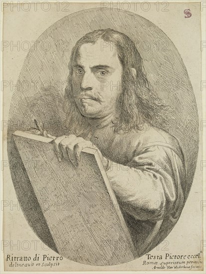 Pietro Testa, Italian, 1611-1650, Self-Portrait, 17th century, etching and engraving printed in ink on laid paper, Sheet (trimmed within plate mark): 8 7/8 × 6 5/8 inches (22.5 × 16.8 cm)