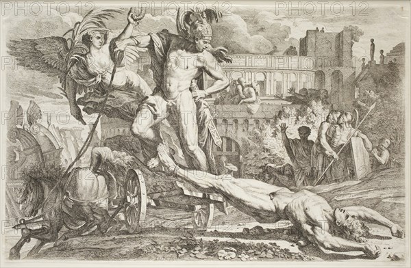 Pietro Testa, Italian, 1611-1650, Achilles Dragging the Body of Hector around the Walls of Troy, 17th Century, Etching and engraving printed in black on laid paper, plate: 10 3/8 x 16 3/8 in.