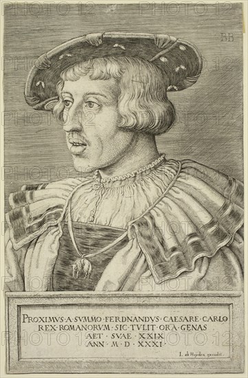 Barthel Beham, German, 1502-1540, Emperor Ferdinand I, 1531, engraving printed in black ink on laid paper, Sheet (trimmed within plate mark): 8 1/8 × 5 1/4 inches (20.6 × 13.3 cm)