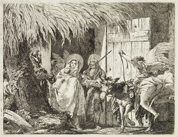 Giovanni Domenico Tiepolo, Italian, 1727-1804, Joseph and Mary Seeking Shelter, ca. 1753, etching printed in black ink on laid paper, Plate: 7 3/8 × 9 5/8 inches (18.7 × 24.4 cm)