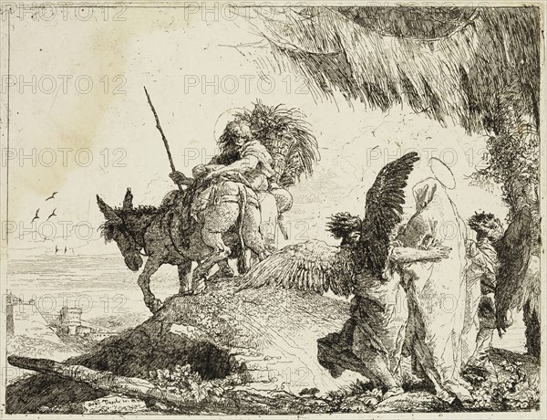 Giovanni Domenico Tiepolo, Italian, 1727-1804, Mary, Supported by two Angels, Follows Joseph, ca. 1753, etching printed in black ink on laid paper, Plate: 7 3/8 × 9 7/8 inches (18.7 × 25.1 cm)