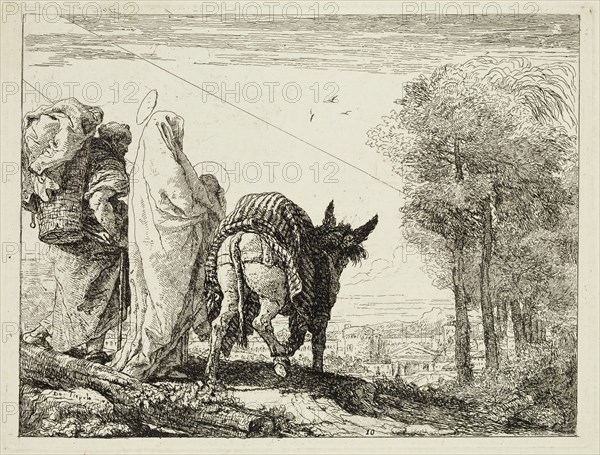 Giovanni Domenico Tiepolo, Italian, 1727-1804, Mary Holding the Child in Her Arms and Joseph with Basket, ca. 1753, etching printed in black ink on laid paper, Plate: 7 3/8 × 9 3/4 inches (18.7 × 24.8 cm)
