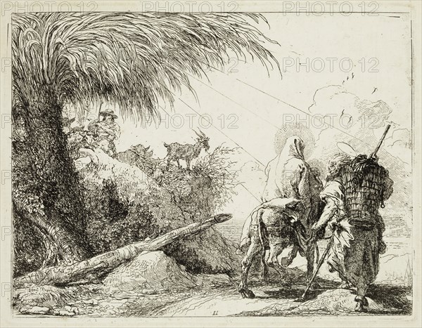 Giovanni Domenico Tiepolo, Italian, 1727-1804, Joseph and Mary Passing a Shepherd and His Flock, ca. 1753, etching printed in black ink on laid paper, Plate: 7 1/2 × 9 5/8 inches (19.1 × 24.4 cm)