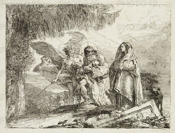 Giovanni Domenico Tiepolo, Italian, 1727-1804, Mary and Joseph Holding the Child, Are Escorted by an Angel, ca. 1753, etching printed in black ink on laid paper, Plate: 7 3/8 × 9 3/4 inches (18.7 × 24.8 cm)