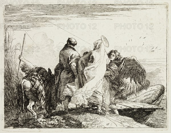 Giovanni Domenico Tiepolo, Italian, 1727-1804, The Holy Family Stepping off the Bank, ca. 1753, etching printed in black ink on laid paper, Plate: 7 3/8 × 9 5/8 inches (18.7 × 24.4 cm)