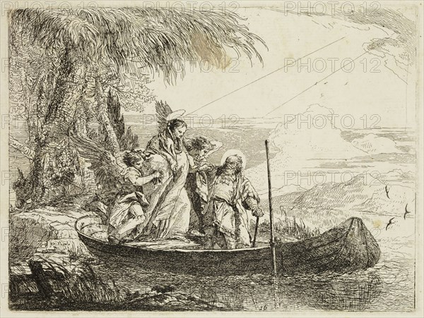 Giovanni Domenico Tiepolo, Italian, 1727-1804, The Holy Family Entering the Boat with the Help of the Angels, ca. 1753, etching printed in black ink on laid paper, Plate: 7 × 9 3/8 inches (17.8 × 23.8 cm)