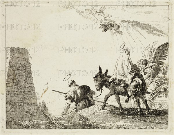 Giovanni Domenico Tiepolo, Italian, 1727-1804, The Holy Family Passing by a Pyramid, ca. 1753, etching printed in black ink on laid paper, Plate: 7 3/8 × 9 3/4 inches (18.7 × 24.8 cm)