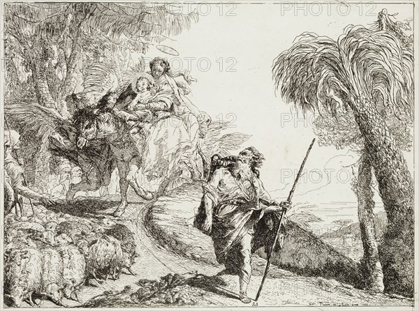 Giovanni Domenico Tiepolo, Italian, 1727-1804, The Holy Family Descending a Forest Path, near a Flock and Some Shepherds, 1753, etching printed in black ink on laid paper, Plate: 7 1/2 × 9 7/8 inches (19.1 × 25.1 cm)