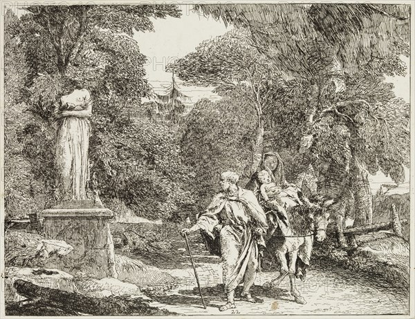 Giovanni Domenico Tiepolo, Italian, 1727-1804, The Holy Family Passing a Statue, the Head of Which Falls to the Ground, ca. 1753, etching printed in black ink on laid paper, Plate: 7 1/2 × 9 5/8 inches (19.1 × 24.4 cm)