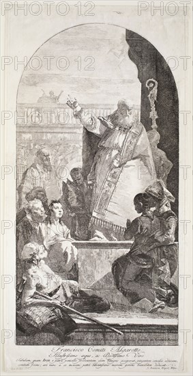 Giovanni Domenico Tiepolo, Italian, 1727-1804, after Giovanni Battista Tiepolo, Italian, 1696-1770, Saint Patrick Healing the Cripple, between 18th and 19th century, etching printed in black ink on laid paper, Plate: 20 1/8 × 9 7/8 inches (51.1 × 25.1 cm)