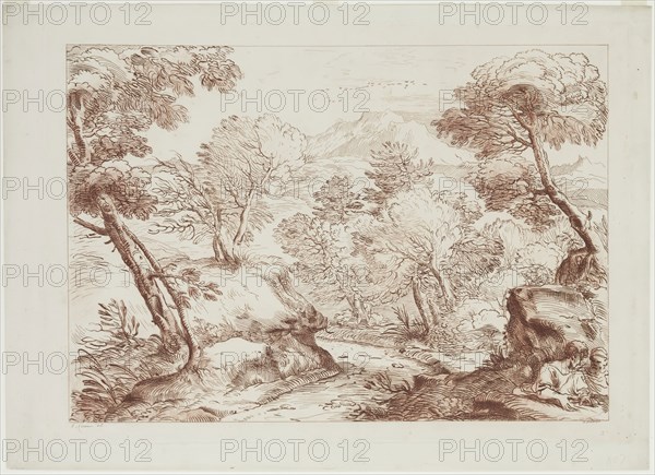 F. Torond, English, after Annibale Carracci, Italian, 1560-1609, Landscape, 18th century, etching and roulette printed in brown ink on laid paper, Plate: 13 3/8 × 18 3/4 inches (34 × 47.6 cm)