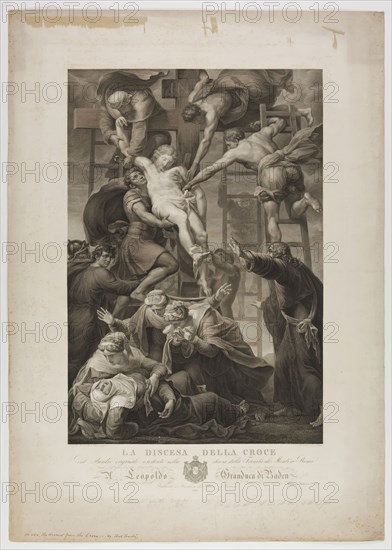 Paolo Toschi, Italian, 1788-1854, after Daniele Ricciarelli, Italian, 1509-1566, Descent from the Cross, 1843, Engraving printed in black on wove paper, image: 28 x 19 1/8 in.