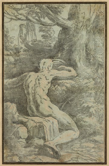 Antonio da Trento, Italian, 1508-1550, after Parmigianino, Italian, 1503-1540, Seated Man Seen from Behind, 16th century, chiaroscuro woodcut printed in blue and black ink on laid paper, Image and sheet: 11 × 7 inches (27.9 × 17.8 cm)