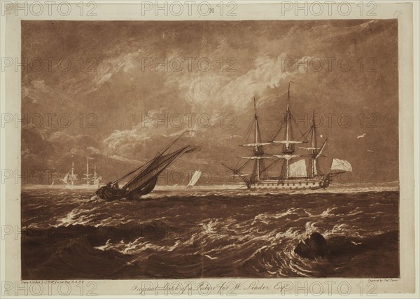 Joseph Mallord William Turner, English, 1775-1851, The Leader Sea Piece, 1809, etching and mezzotint printed in brown ink on wove paper, Image: 6 7/8 × 10 1/8 inches (17.5 × 25.7 cm)